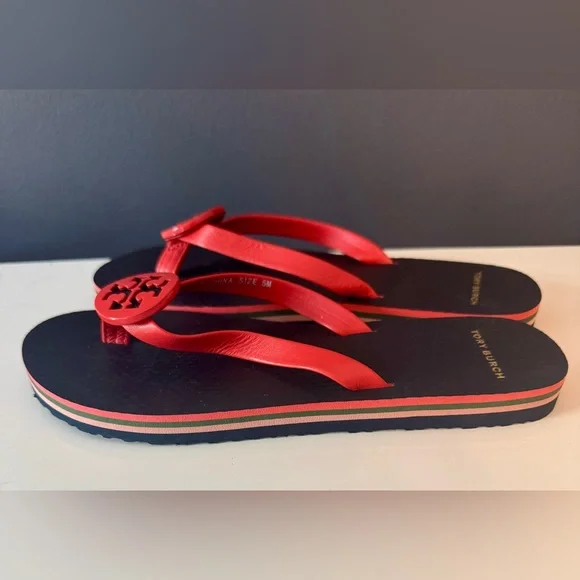 Tory Burch Flip Flop Sandals. Brand New. Red medallion leather straps. Size 5. - Picture 3 of 5